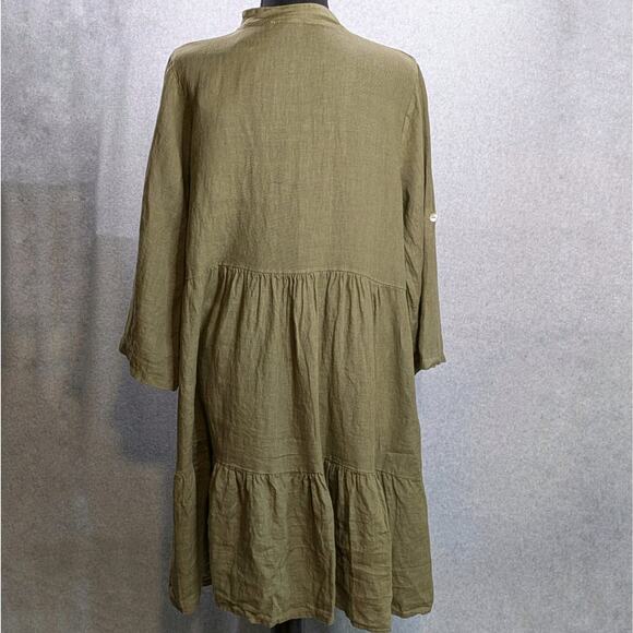 NWT Bellambra Italy Linen Dress M Olive Babydoll Tiered Roll Tab Oversized - Picture 13 of 15
